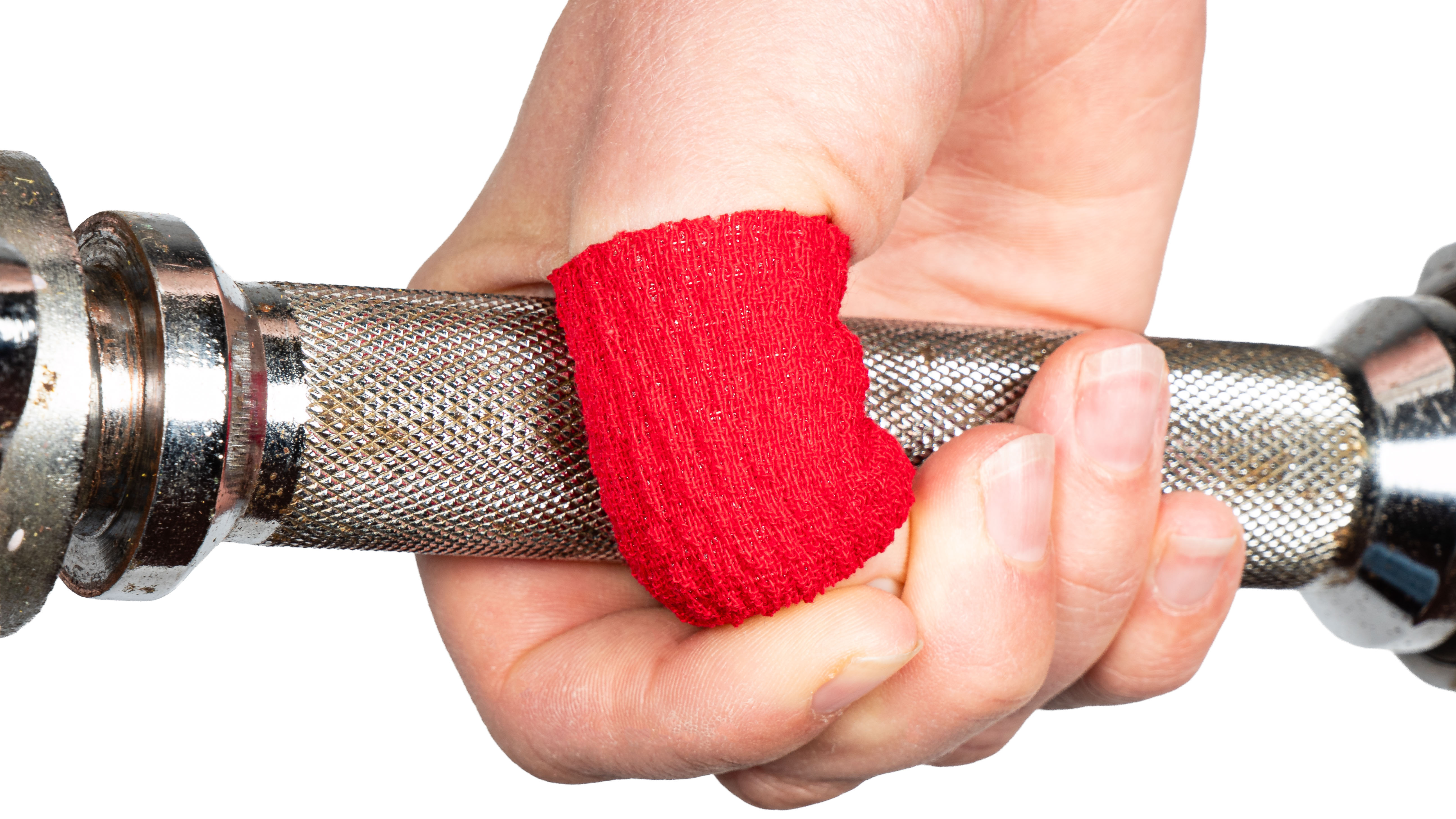 Hand hook-grpping a dumbell. The thumb is protected by Physical Sports Tearable EAB Thumb Tape in red.